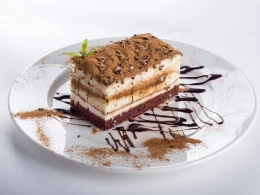 Assiette de Tiramisu au cafe, sur une table avec une nappe de pique nique rouge à carreaux blancs